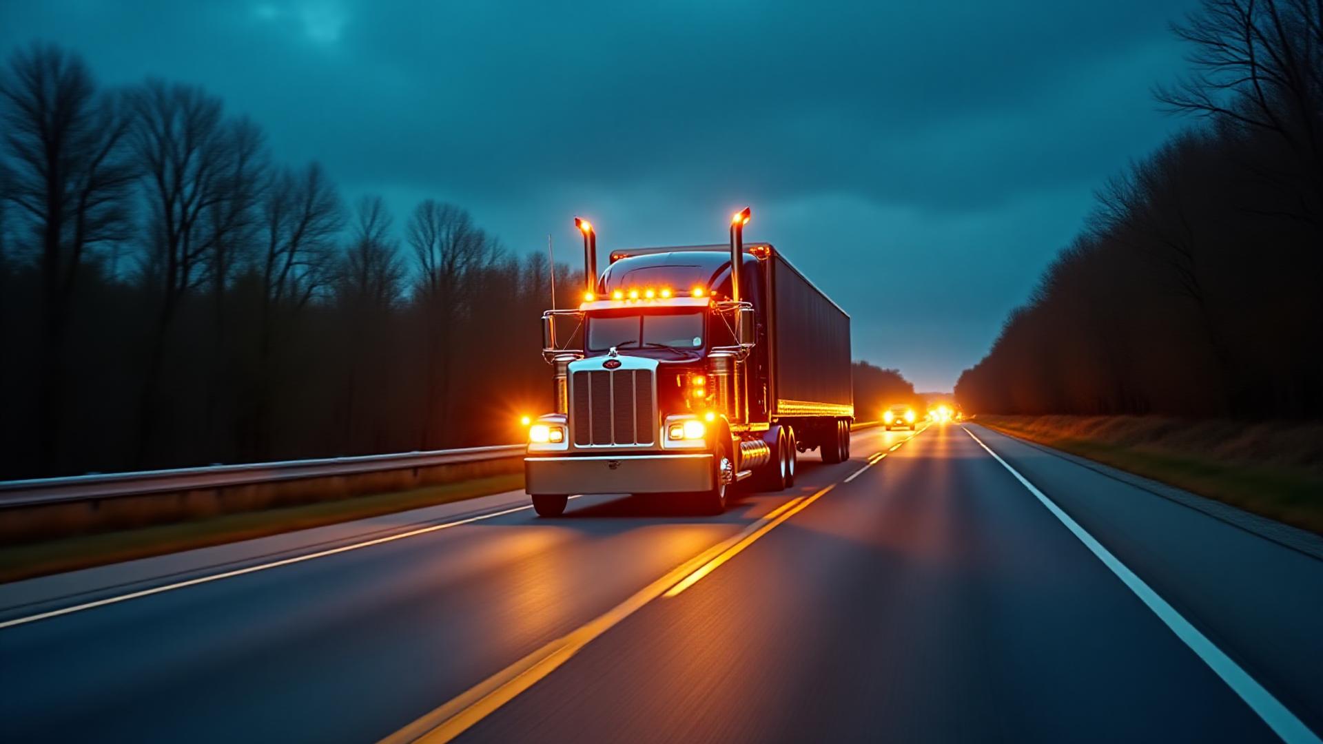Expedited hot shot truck moving at high speed on an open highway at dusk