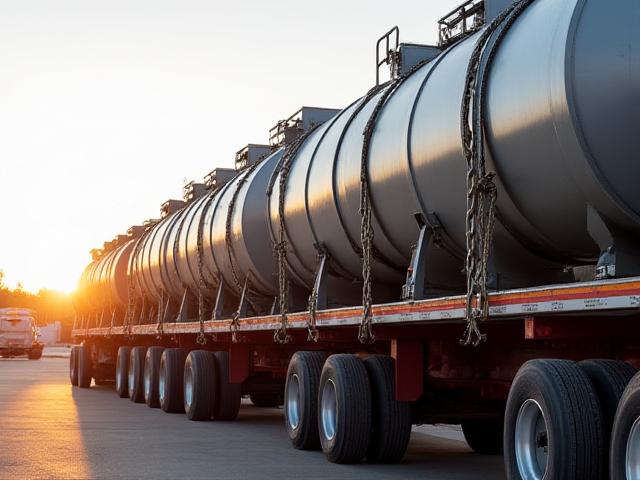 Step-deck trailer carrying industrial components