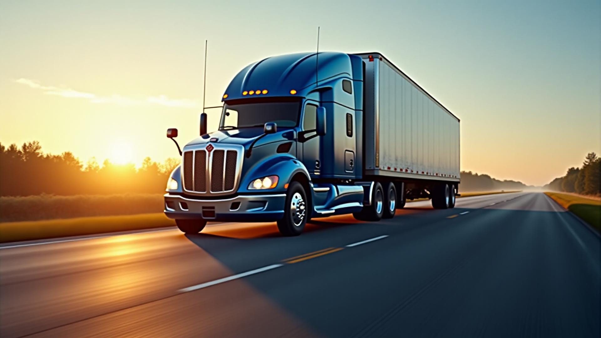 RoadRoyalty heavy duty truck moving across a scenic Mississippi highway at dawn