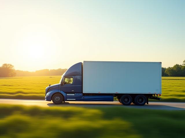 Modern low-emission freight truck driving through a clean, green landscape