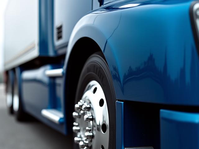 Close up of modern aerodynamic truck details and low-emission exhaust system
