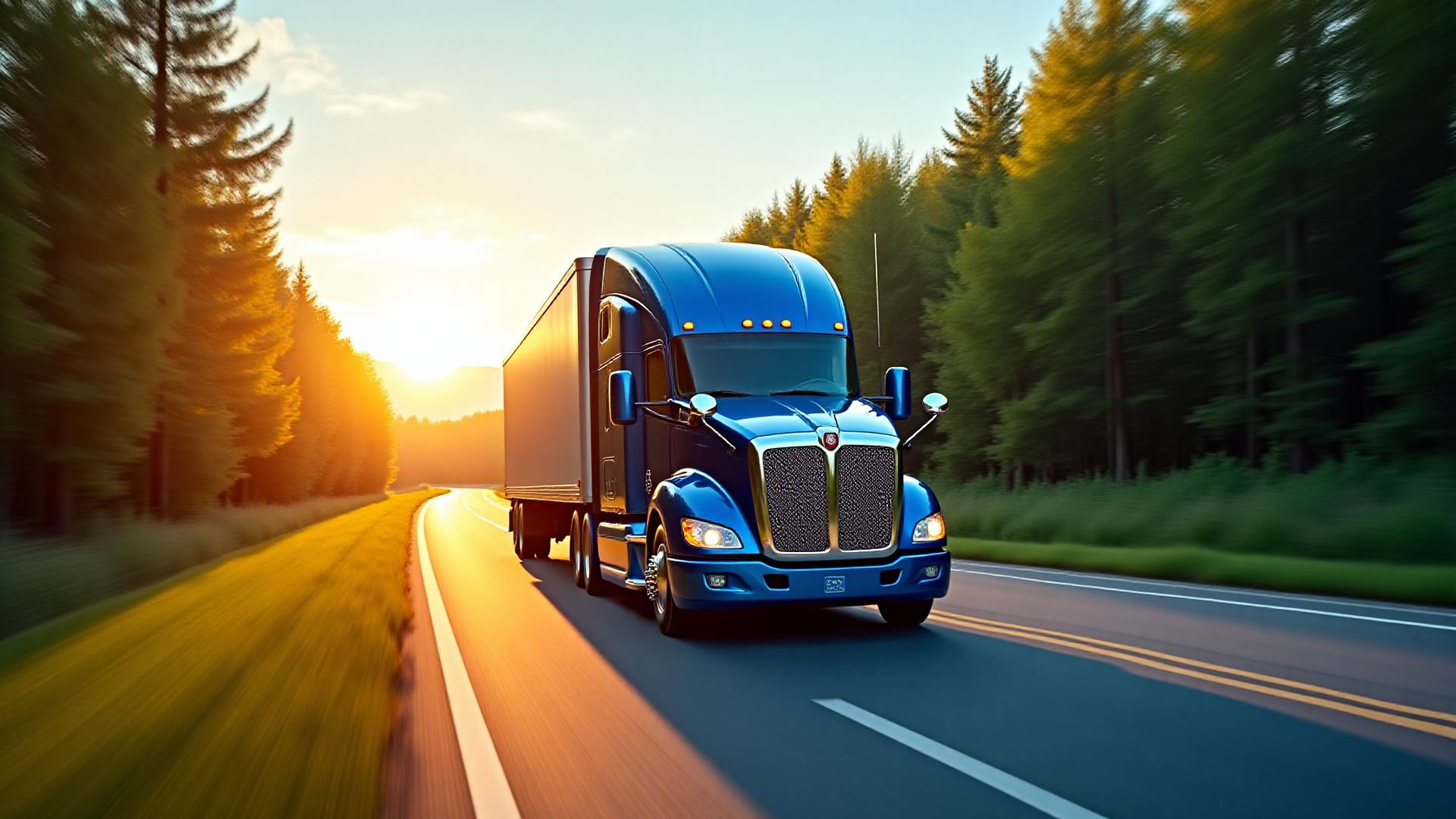 Modern low-emission semi-truck driving through a clean, natural landscape at dawn